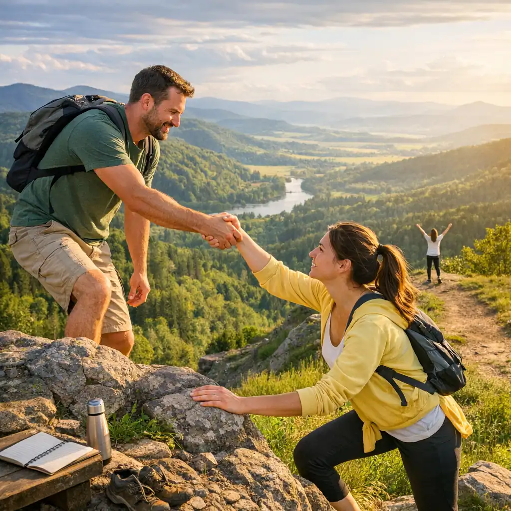 Hiker helping another climber onto a rocky mountain ledge