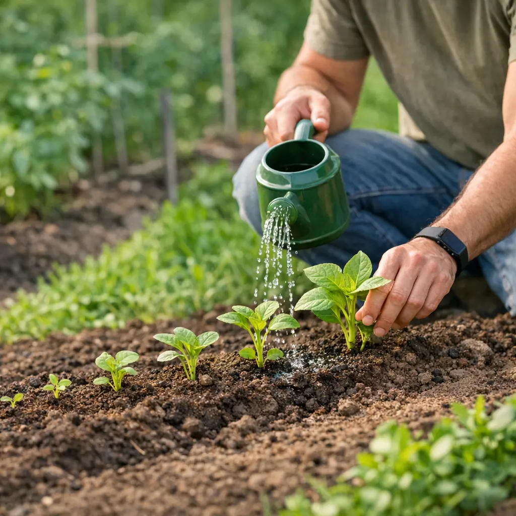 A person tending a row of young garden plants at visibly different stages of healthy growth
