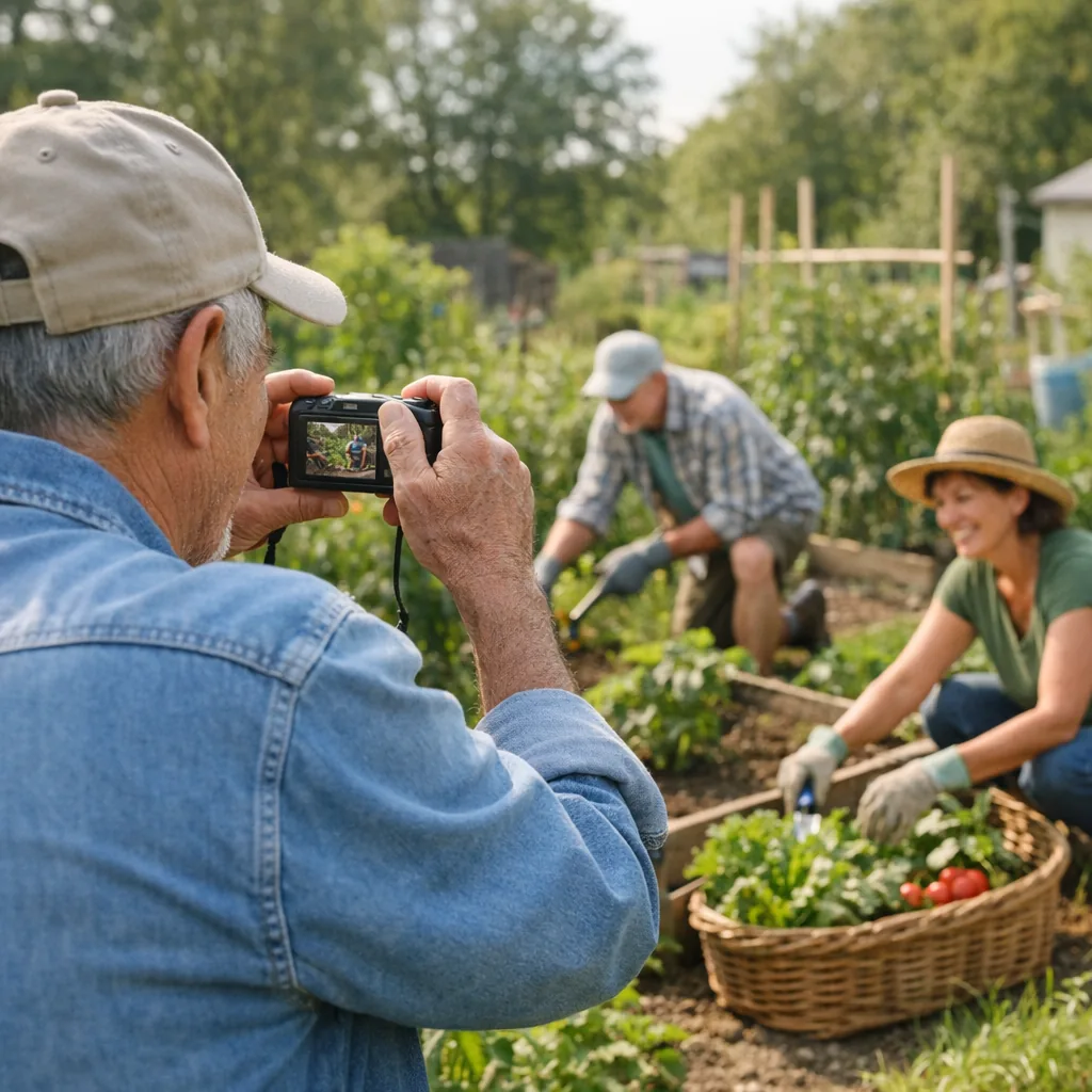 An older adult photographing neighbors working in a community garden, staying socially connected through the shared activity