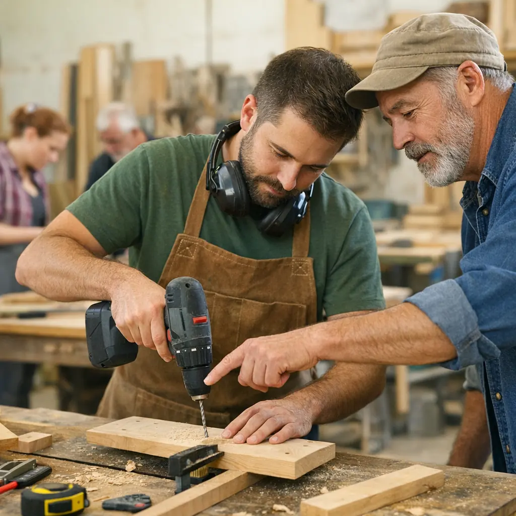 An adult trying woodworking under mentor guidance in a mixed-skills community workshop