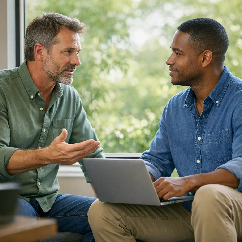 Two colleagues in a candid coaching conversation beside a bright window, listening and responding naturally