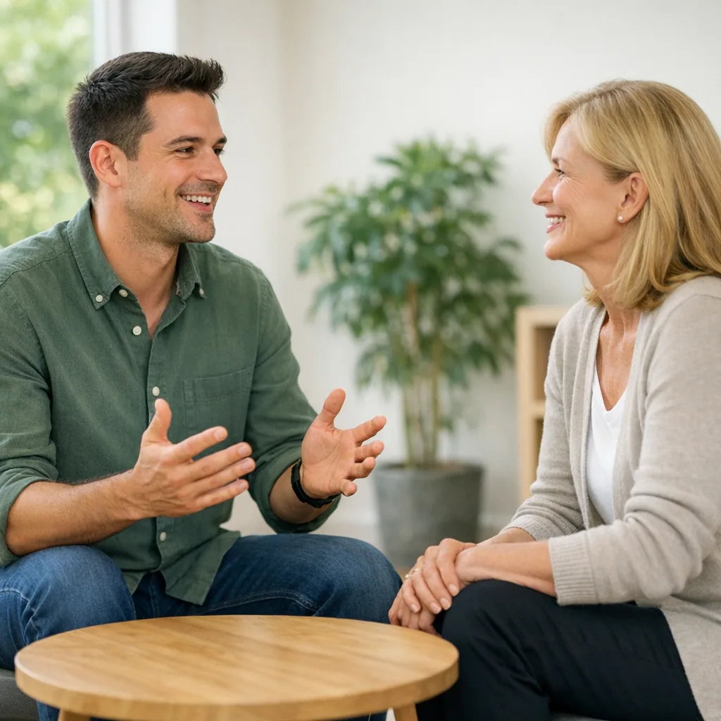 A candidate practicing a confident mock interview with a mentor in a bright room without papers or screens