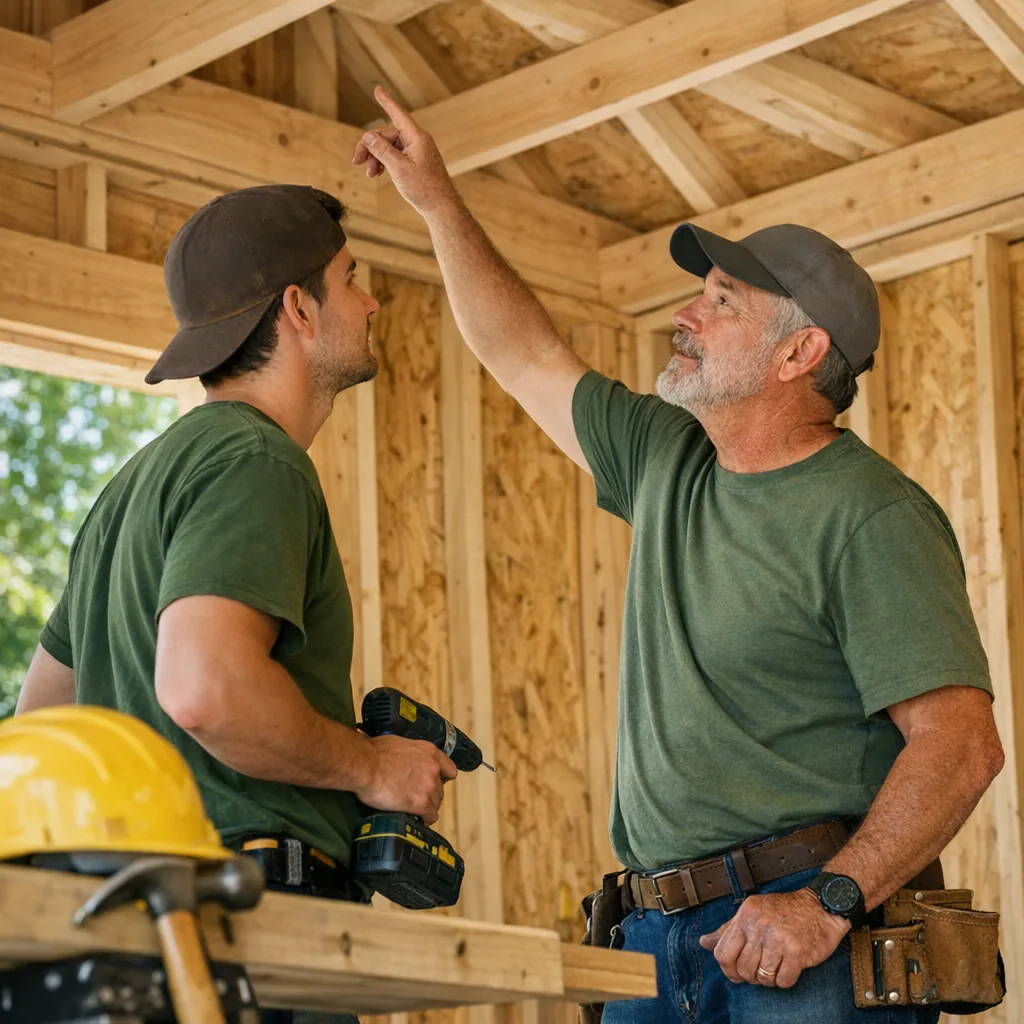 A construction apprentice and mentor inspecting a completed wooden structure together, with tools but no documents