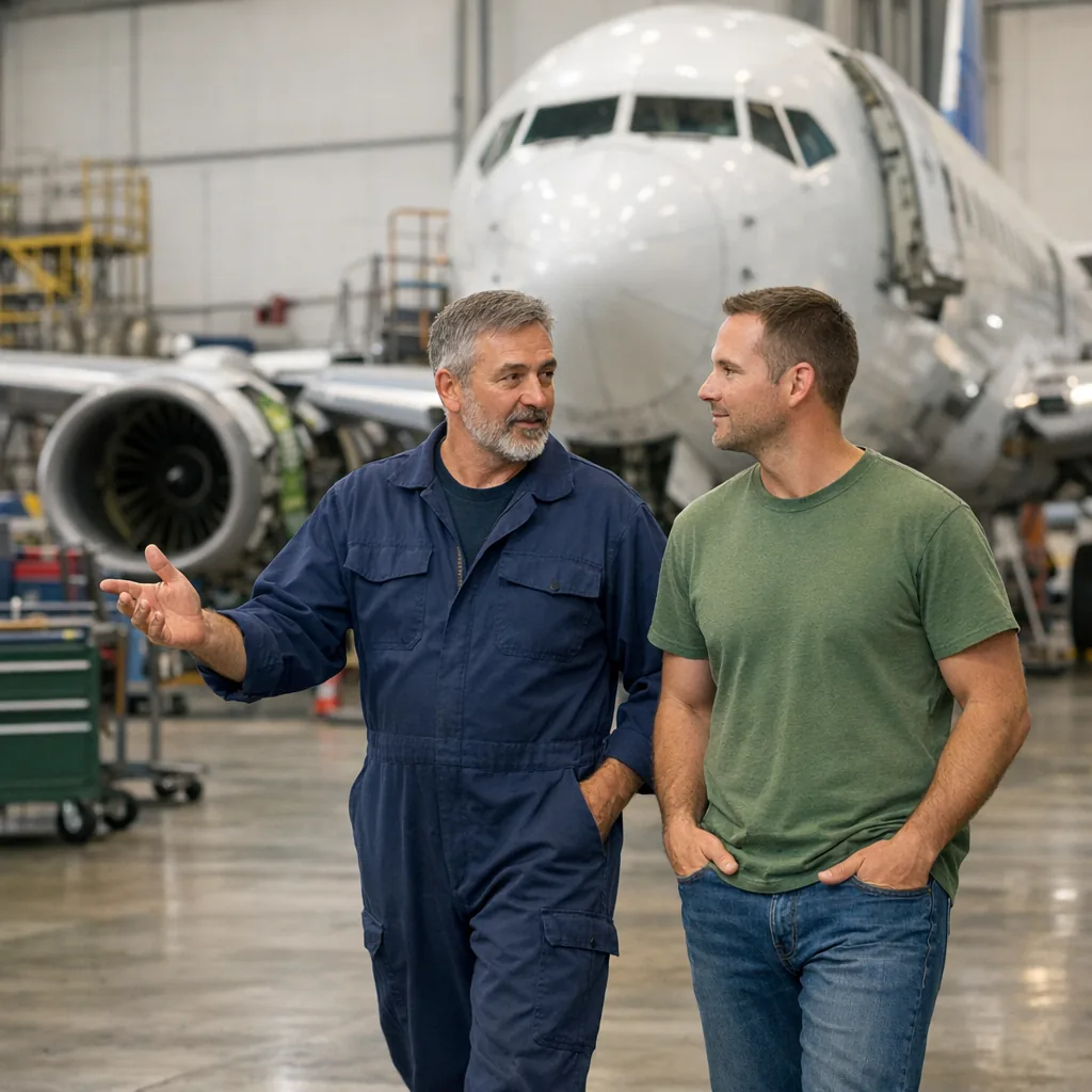 A career-changing adult touring an aircraft maintenance hangar with an experienced mentor as a plane sits in the background