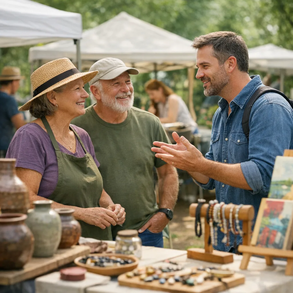 An adult speaking with local makers and shop owners at an outdoor community market with no signs or labels