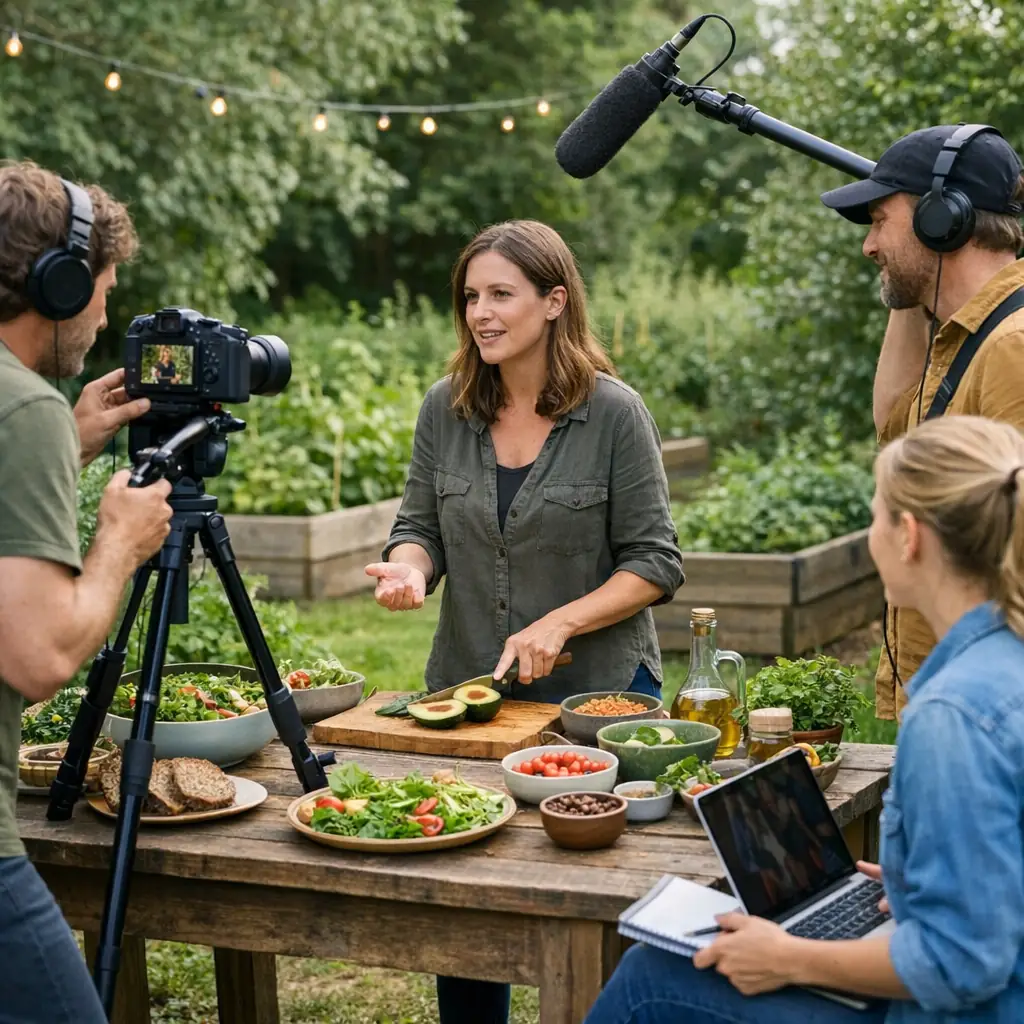 A small creator team producing a practical healthy-food feature in one garden studio, with camera, microphone, and natural props