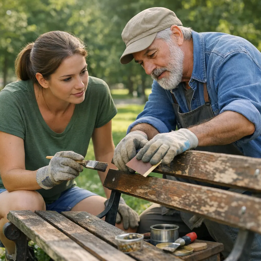 A woman restoring a worn park bench while a skilled mentor demonstrates one practical repair