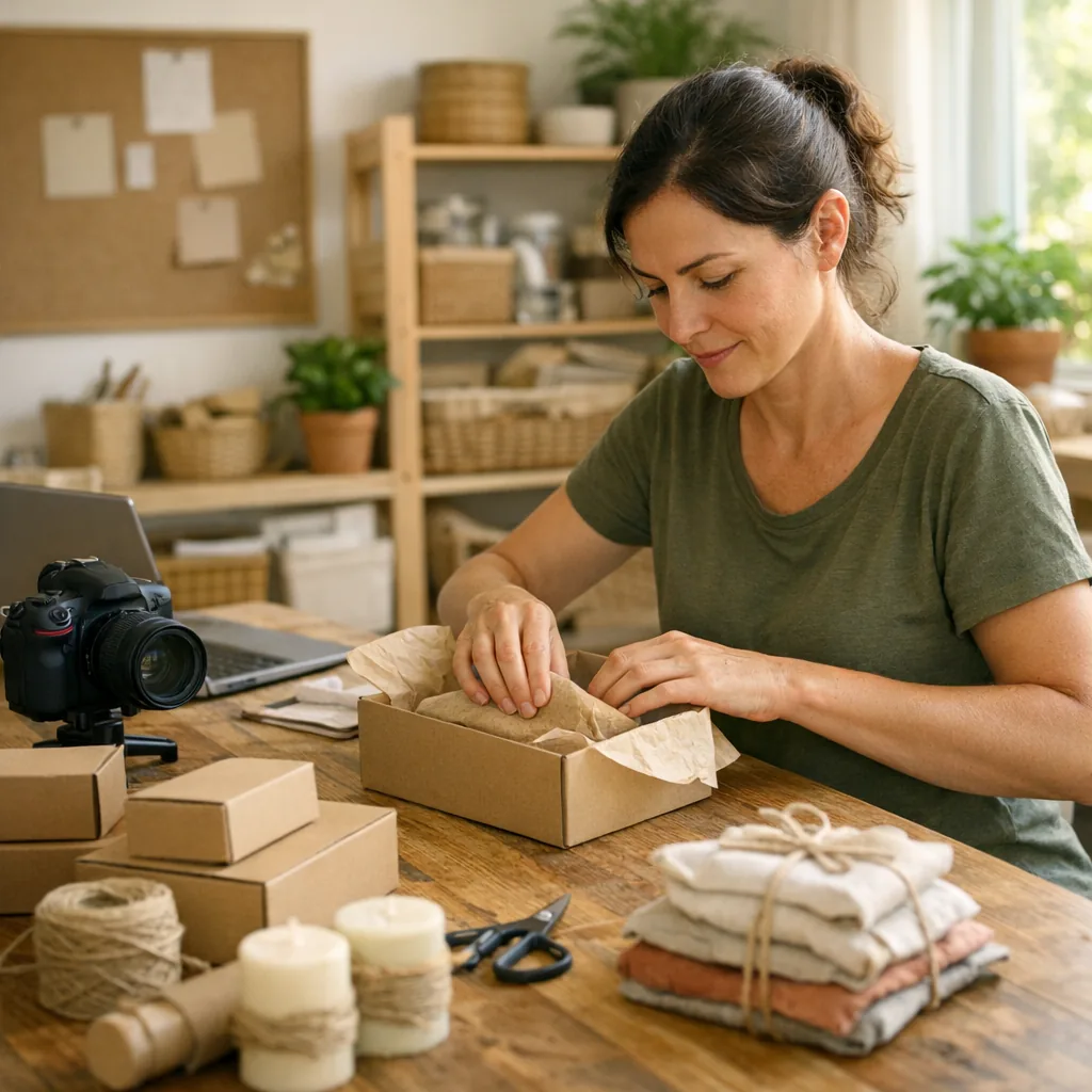 A home-based craft seller packing unbranded handmade products in a sunny studio with a camera nearby