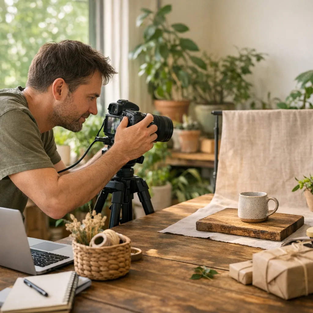 A small-business owner photographing a handmade product in a leafy daylight studio with a camera on a tripod