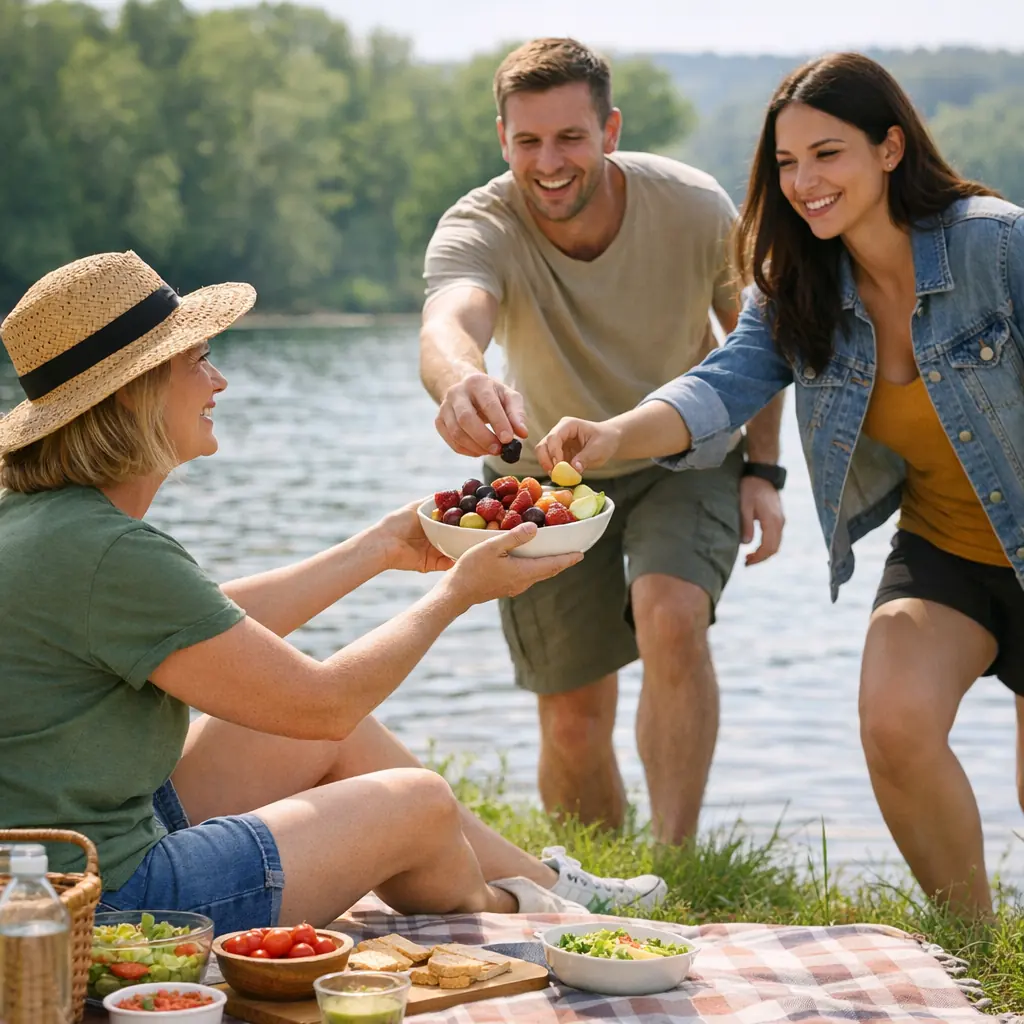 A person preparing a simple lakeside picnic and sharing fresh fruit with arriving friends