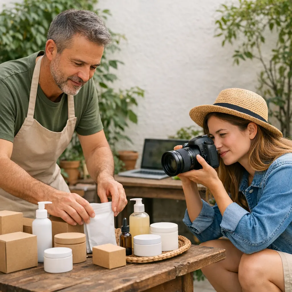 A local shop owner and a blogger arranging and photographing unbranded products in a bright courtyard