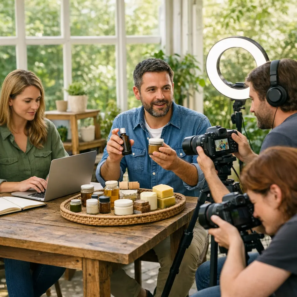 A three-person creator team recording and photographing a practical demonstration in a bright garden studio