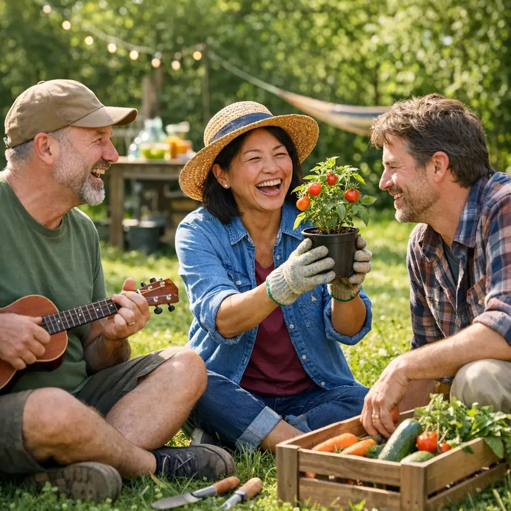 Three adults laughing together with a tomato plant, ukulele, and vegetables