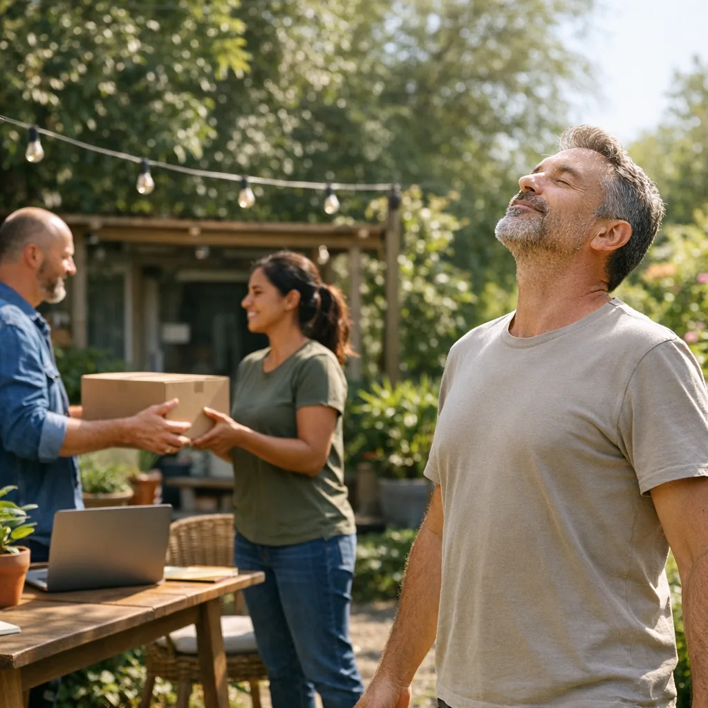 A small-business owner handing a box of routine supplies to a capable colleague, then stepping back to breathe in a sunny garden workspace