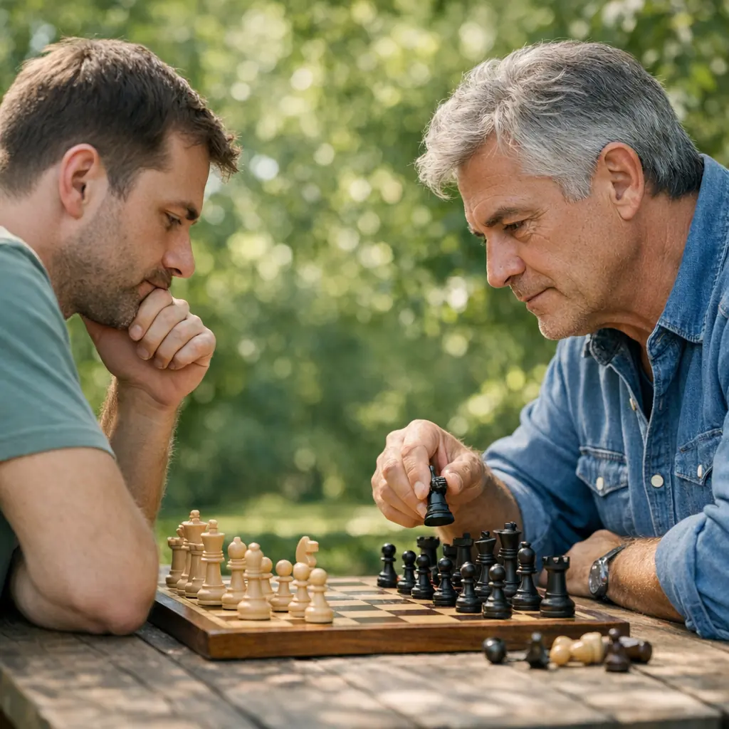 Two people playing chess outdoors, focused on one considered move in a calm leafy setting