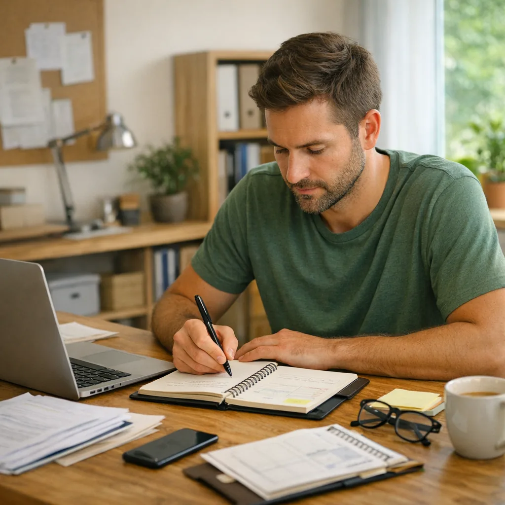 Professional working at a desk with documents, laptop, phone, and office supplies