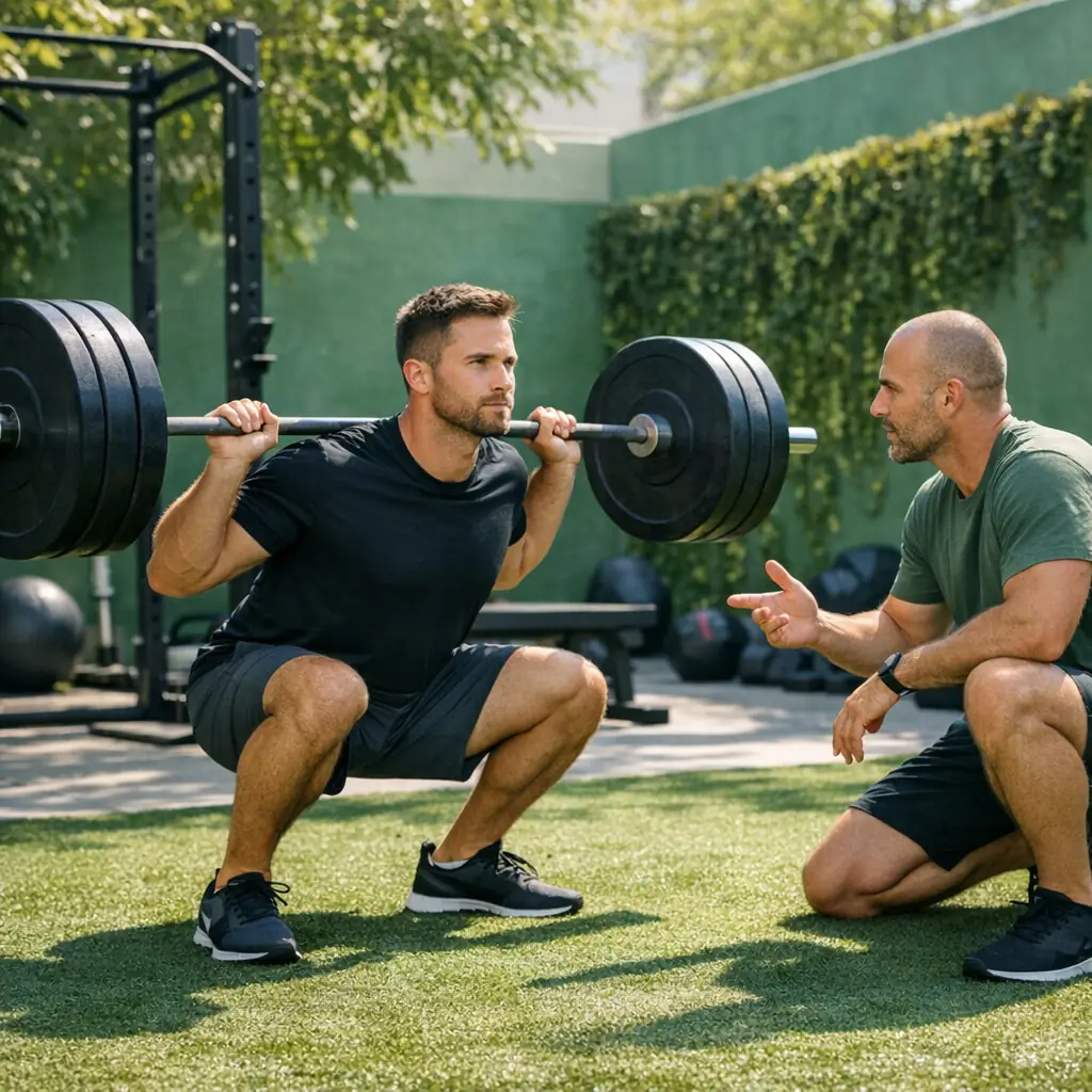An athlete performing controlled strength training while a coach watches technique in a sunlit green gym courtyard