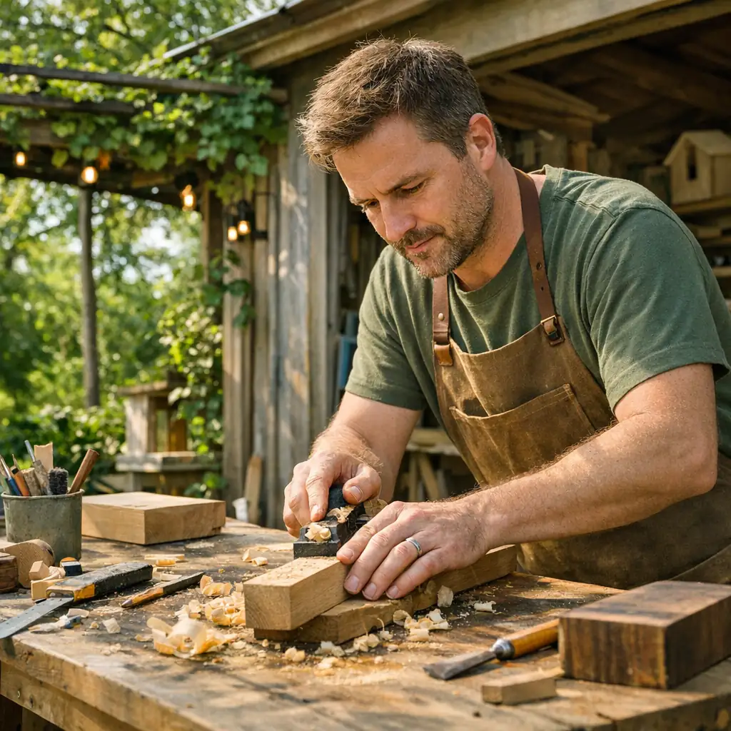 Man planing a piece of wood at an outdoor workshop
