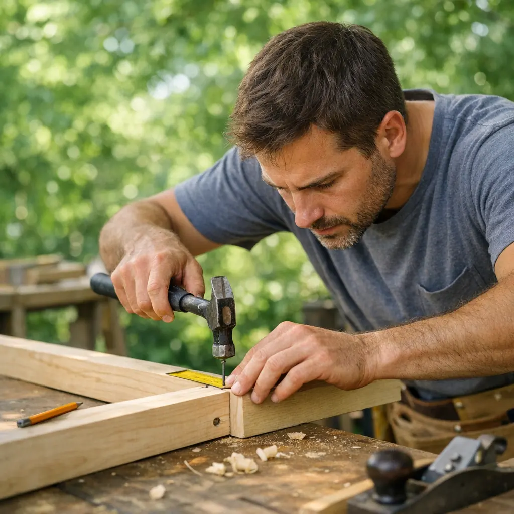 A carpenter measuring and joining a wooden frame with focused hands in a leafy open-air workshop