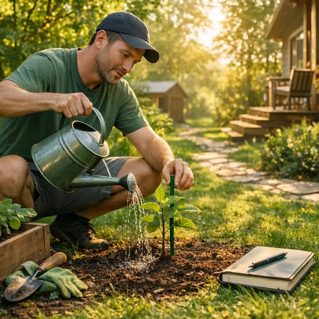 Man watering a newly planted sapling beside garden tools