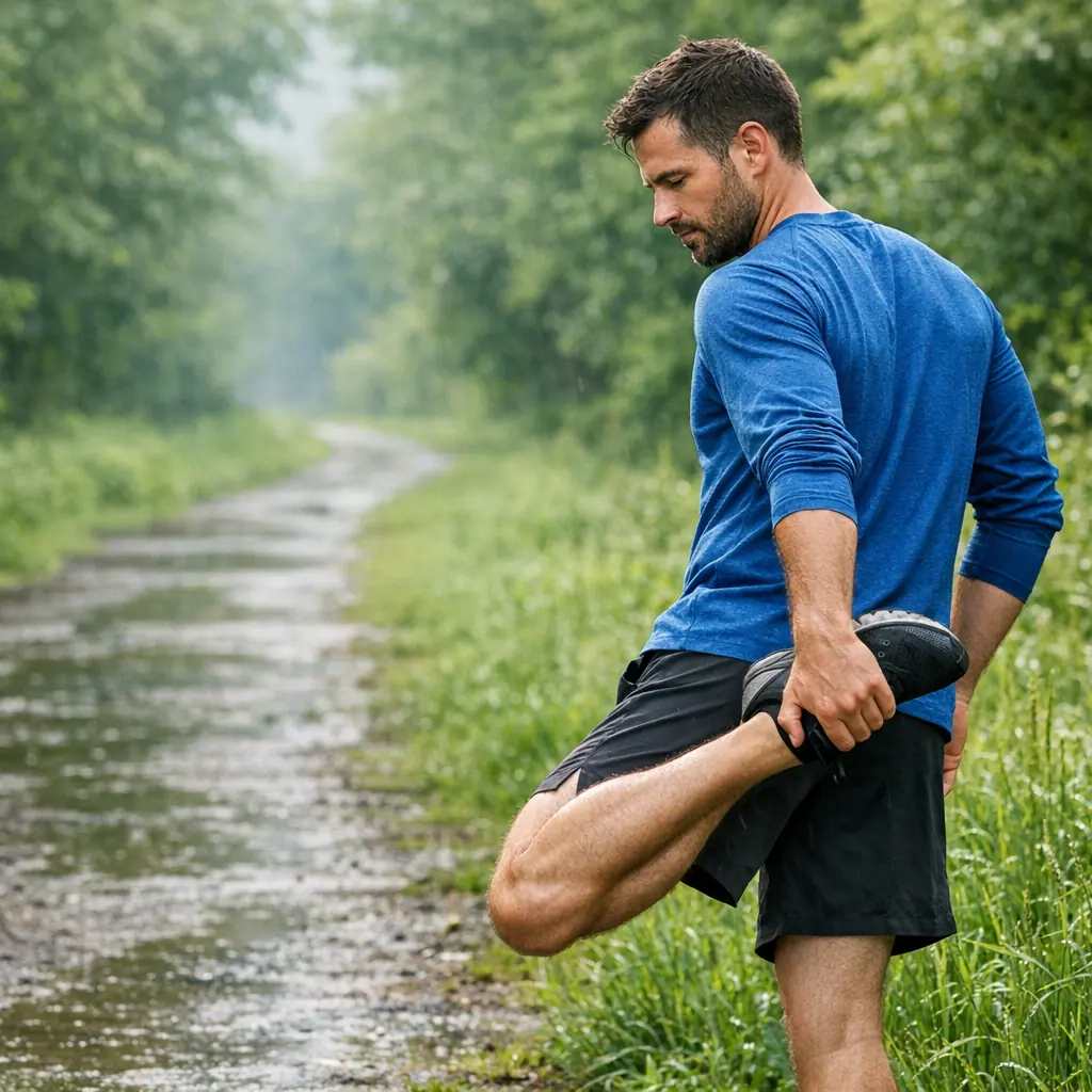 A runner returning to training after rain, stretching beside a fresh green trail with calm determination
