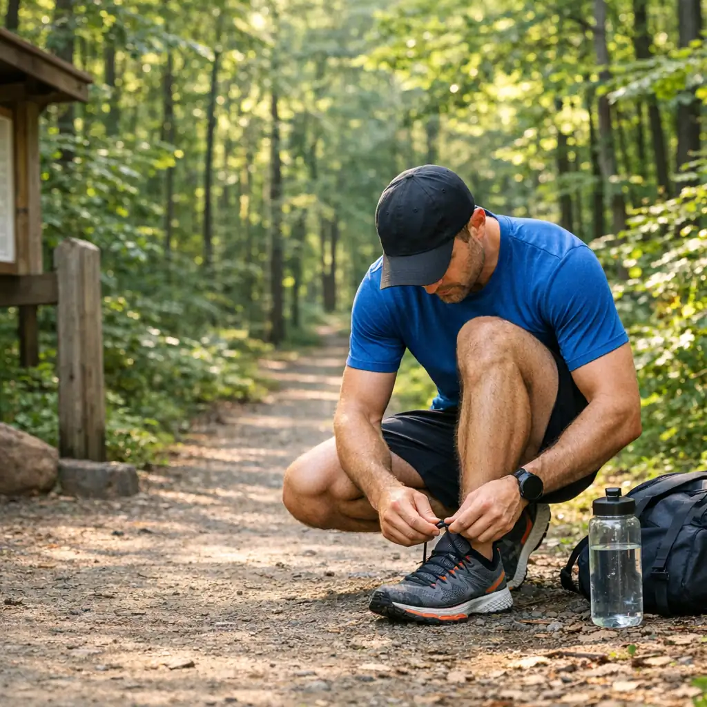 A runner tying one shoe at a forest trailhead in one coherent full-frame candid scene