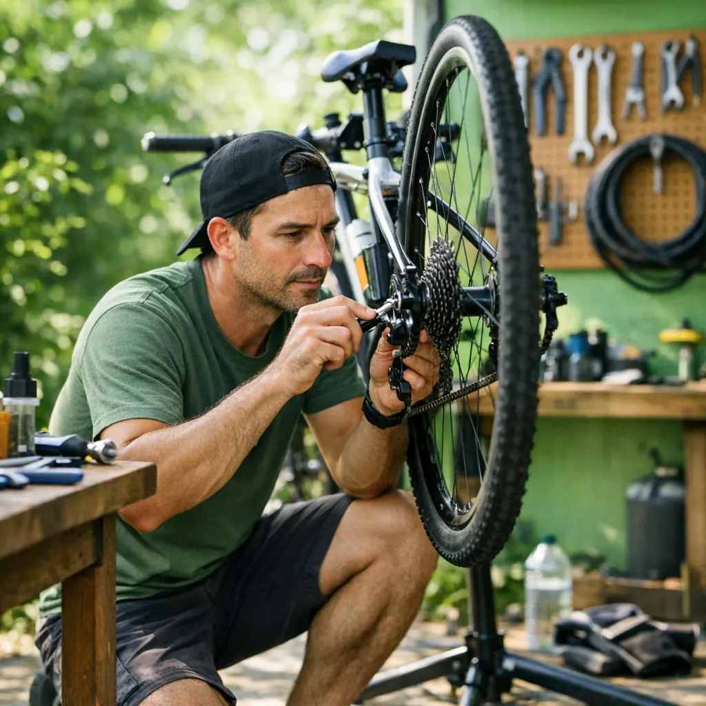 A person repairing and tuning a bicycle in a bright green outdoor workshop