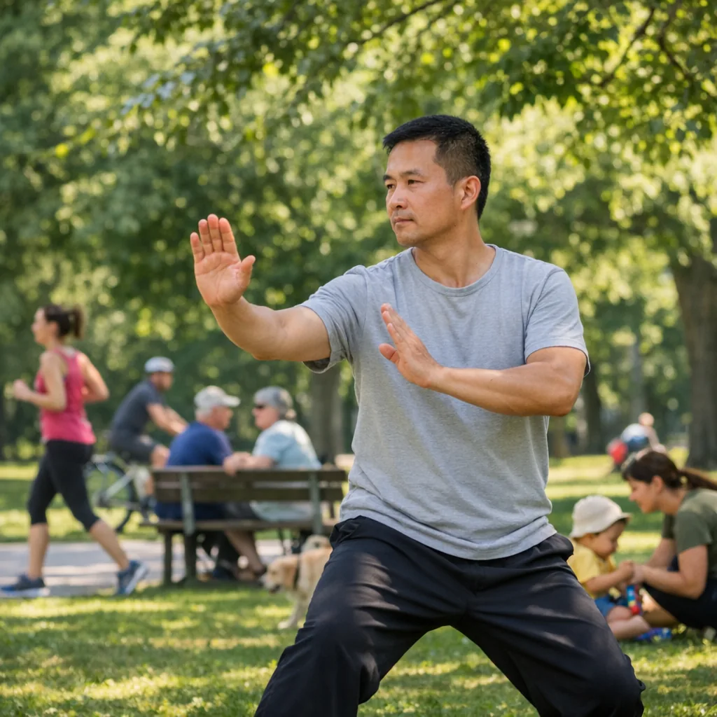 A person practicing slow tai chi off-center beneath leafy trees while everyday park life continues naturally
