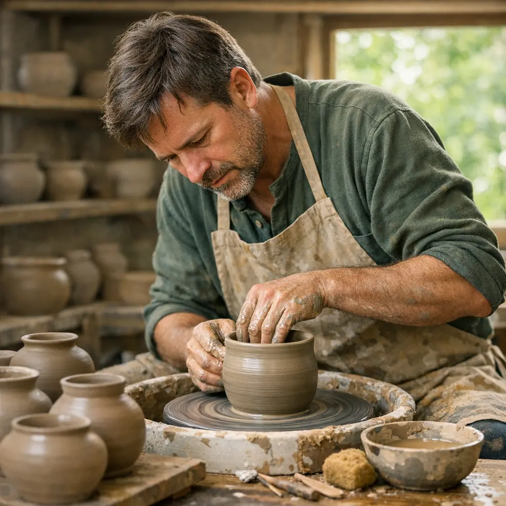A potter steadily shaping clay on a wheel, with several finished unmarked pots nearby