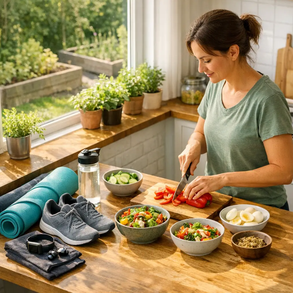 A woman calmly preparing colorful food while workout clothes and shoes are ready beside a sunlit kitchen garden