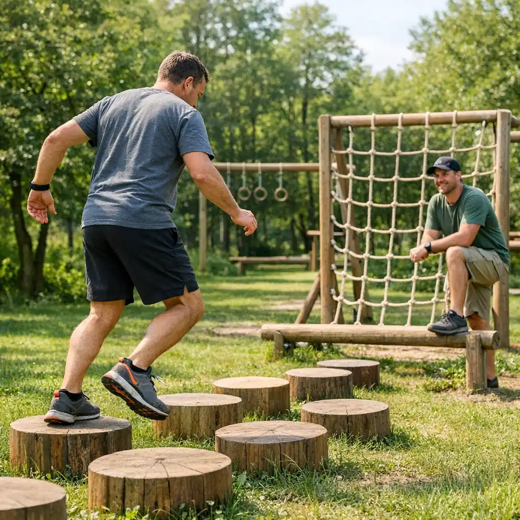 An adult progressing through a simple outdoor obstacle course while a supportive friend waits at the next station